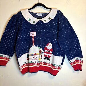 Vintage 1980s Sweater Loft Women’s 1X Santa Christmas Collared Pullover Sweater